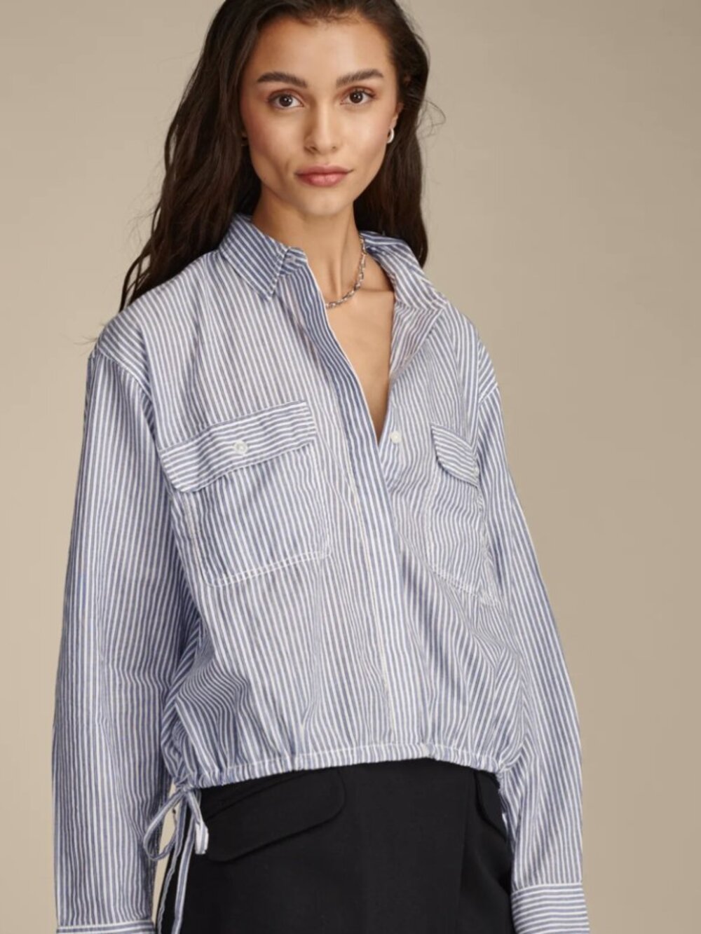Lucky Brand Utility Crop Shirt Button Down Top White Blue Stripe Size XS Cotton